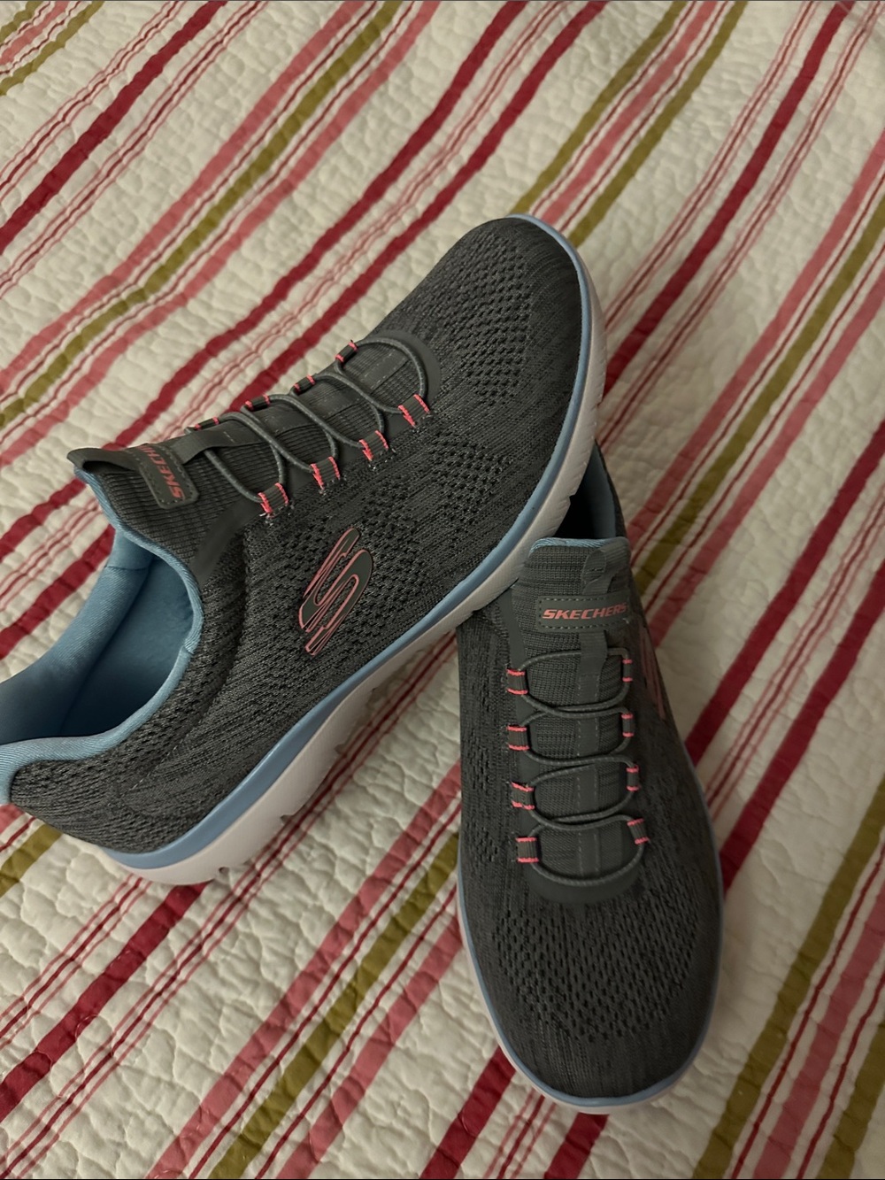 Skechers Gray Knit Slip-On Sneakers with Pink Accents